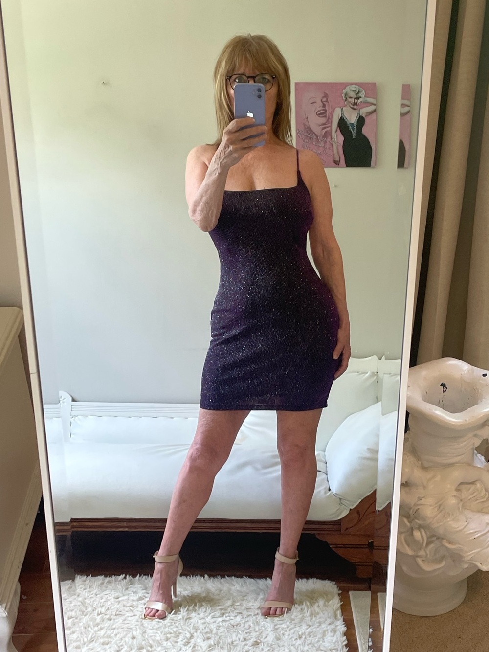 WINDSOR PURPLE SILVER METALLIC SLIP DRESS OPEN BACK STRETCH CRISS CROSS DESIGN